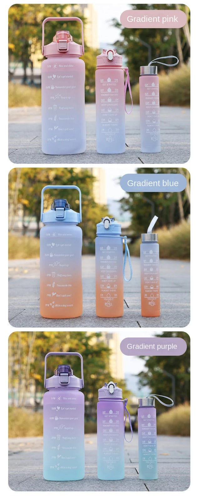 Sports Water Bottles 3 Pcs Set Portable with Motivational Time Marker & Leak Proof